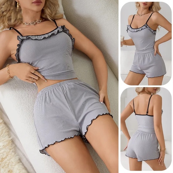 2/$30 Ruffle Trim Grey Pajama Matching Set Shorts Sleeveless Top Pj Sleepwear M - Picture 1 of 7